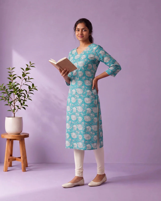 Aqua Blue & White Floral Printed Mul Cotton Top with Full-Length Cotton Lining | Women's Casual Wear