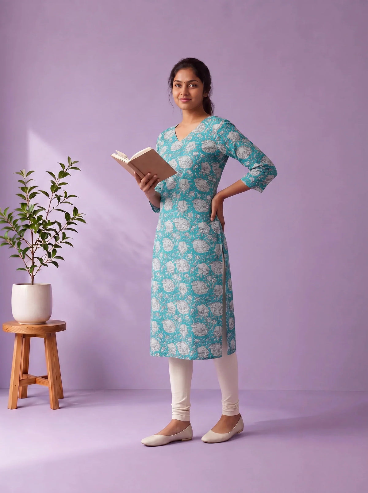 Aqua Blue & White Floral Printed Mul Cotton Top with Full-Length Cotton Lining | Women's Casual Wear