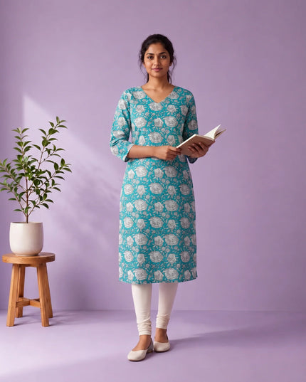 Aqua Blue & White Floral Printed Mul Cotton Top with Full-Length Cotton Lining | Women's Casual Wear