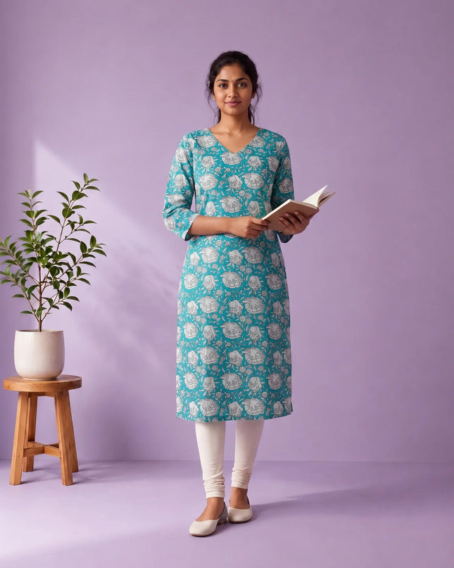 Aqua Blue & White Floral Printed Mul Cotton Top with Full-Length Cotton Lining | Women's Casual Wear