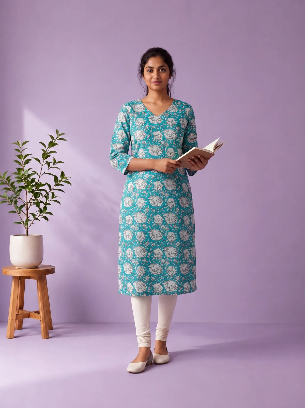 Aqua Blue & White Floral Printed Mul Cotton Top with Full-Length Cotton Lining | Women's Casual Wear