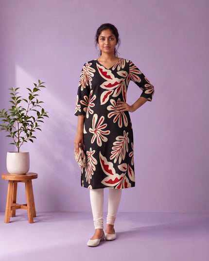 Black, Beige & Crimson Red Abstract Leaf Printed Mul Cotton Top with Full-Length Cotton Lining | Women's Casual Wear