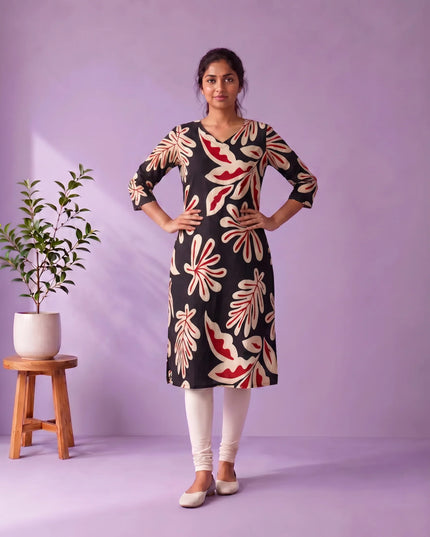 Black, Beige & Crimson Red Abstract Leaf Printed Mul Cotton Top with Full-Length Cotton Lining | Women's Casual Wear