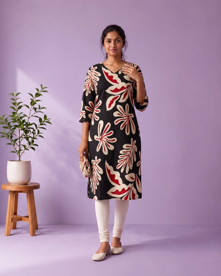 Black, Beige & Crimson Red Abstract Leaf Printed Mul Cotton Top with Full-Length Cotton Lining | Women's Casual Wear