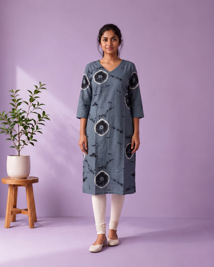 Slate Grey & Black Tie-Dye Printed Mul Cotton Top with Full-Length Cotton Lining | Women's Casual Wear