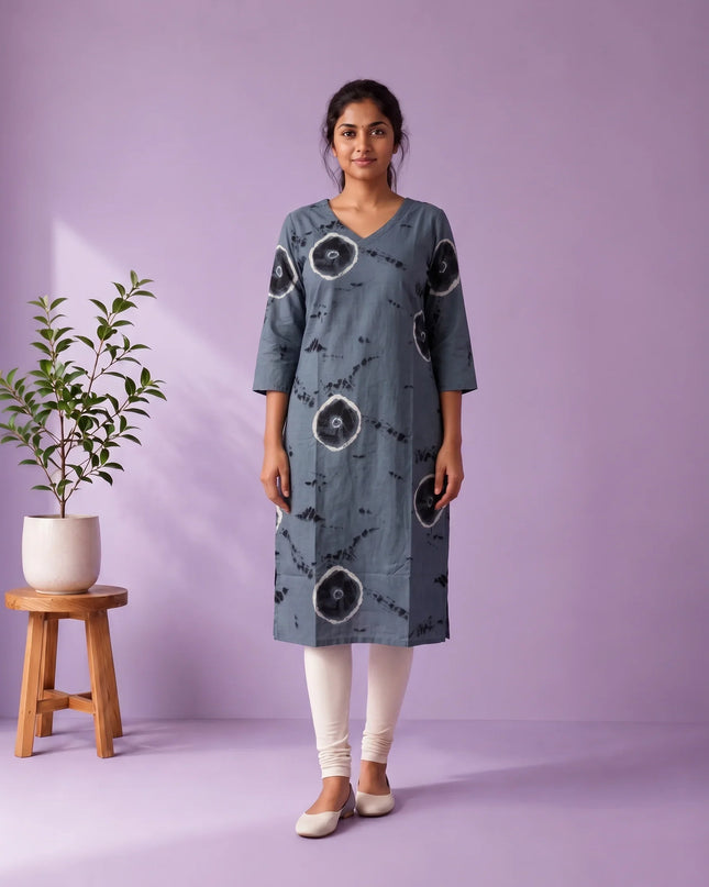 Slate Grey & Black Tie-Dye Printed Mul Cotton Top with Full-Length Cotton Lining | Women's Casual Wear