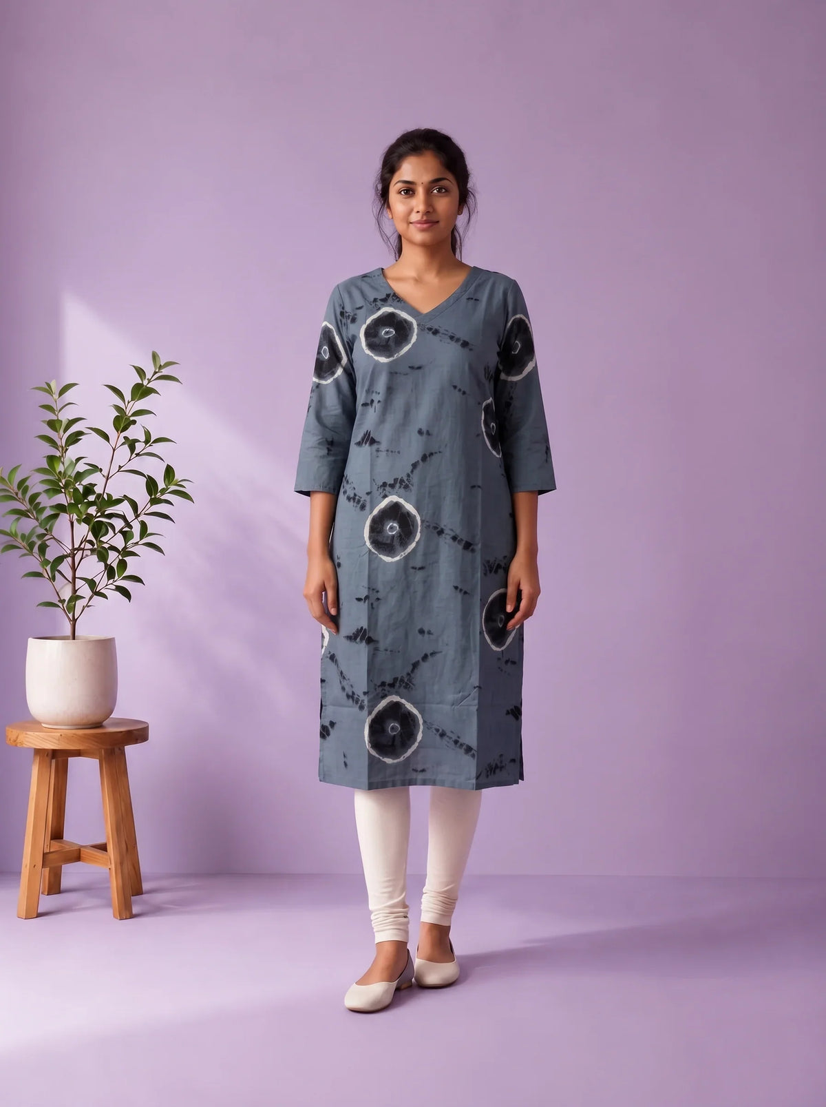 Slate Grey & Black Tie-Dye Printed Mul Cotton Top with Full-Length Cotton Lining | Women's Casual Wear