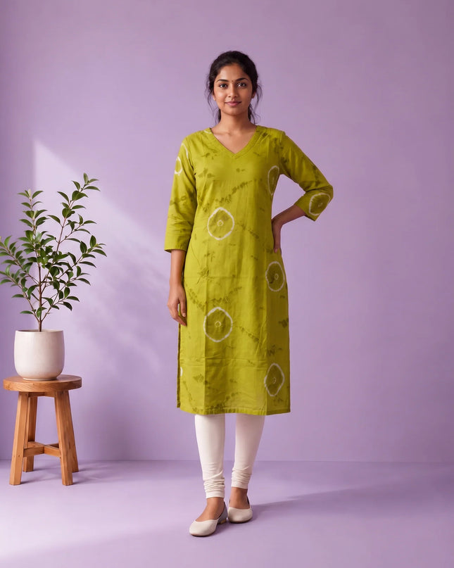 Olive Green & White Tie-Dye Printed Mul Cotton Top with Full-Length Cotton Lining | Women's Casual Wear