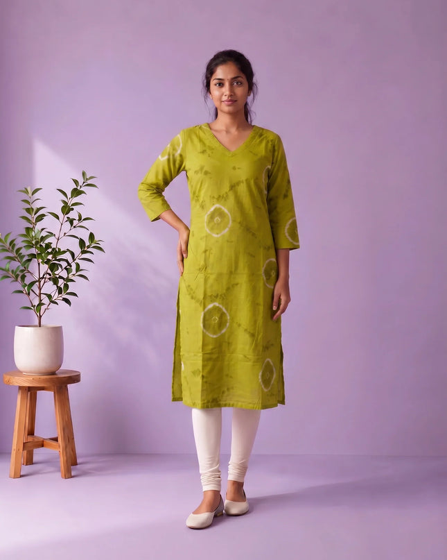 Olive Green & White Tie-Dye Printed Mul Cotton Top with Full-Length Cotton Lining | Women's Casual Wear