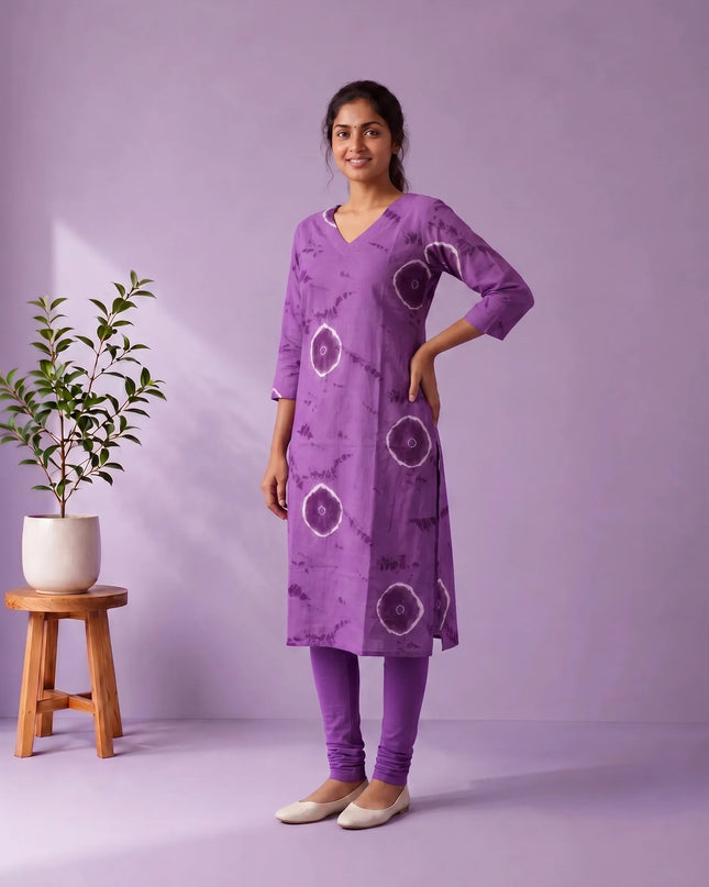 Purple & White Tie-Dye Printed Mul Cotton Top with Full-Length Cotton Lining | Women's Casual Wear