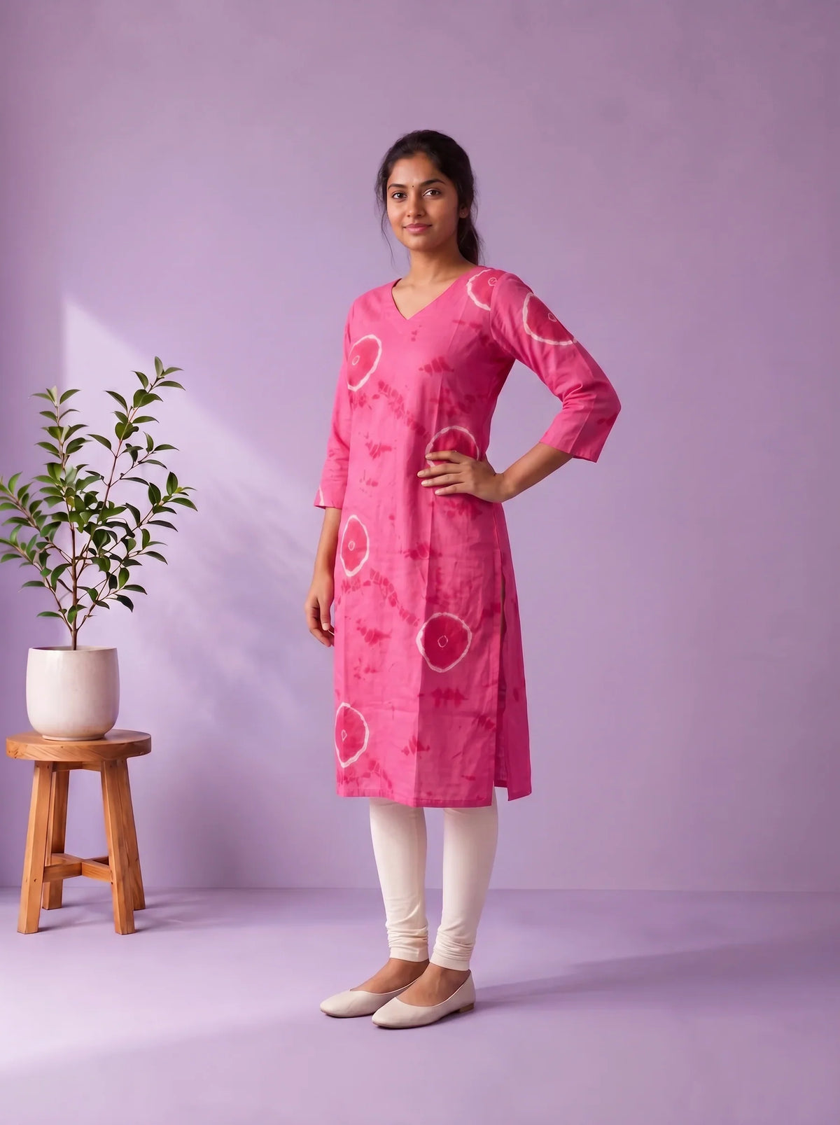 Rani Pink & White Tie-Dye Printed Mul Cotton Top with Full-Length Cotton Lining | Women's Casual Wear