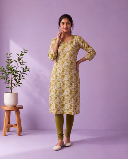 Olive Green & White Floral Printed Mul Cotton Top with Full-Length Cotton Lining | Women's Casual Wear