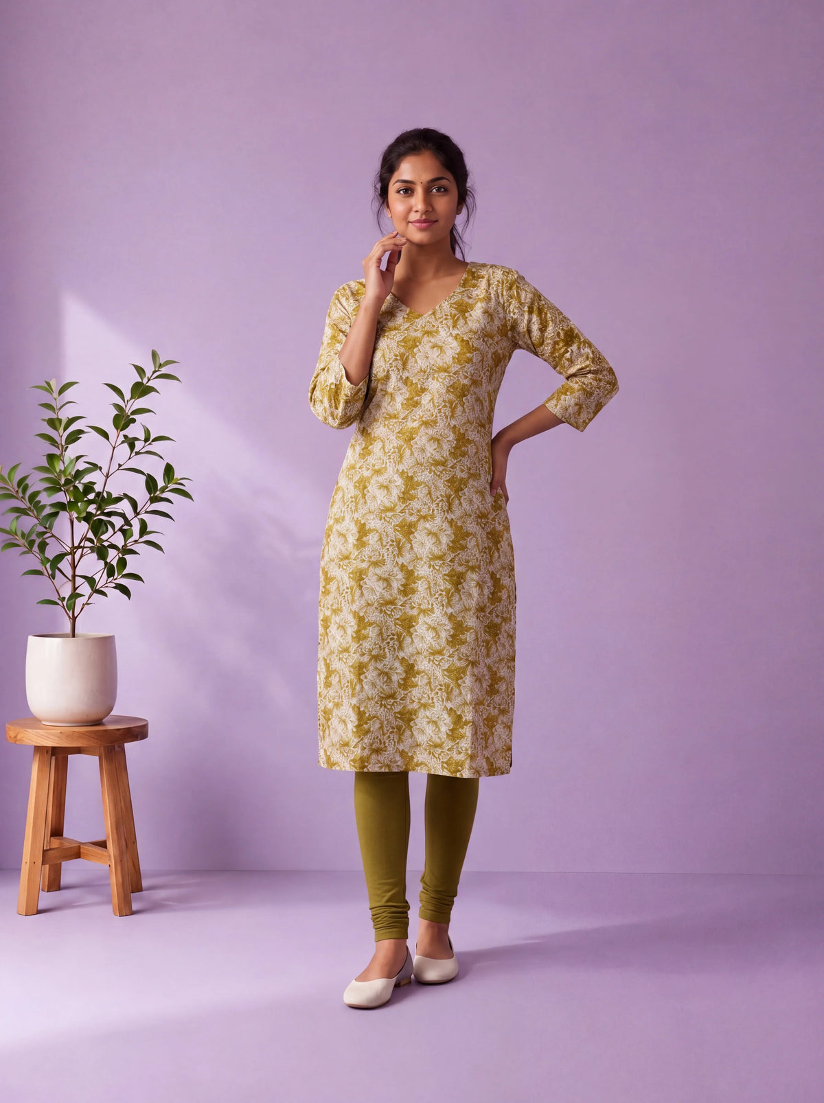 Olive Green & White Floral Printed Mul Cotton Top with Full-Length Cotton Lining | Women's Casual Wear