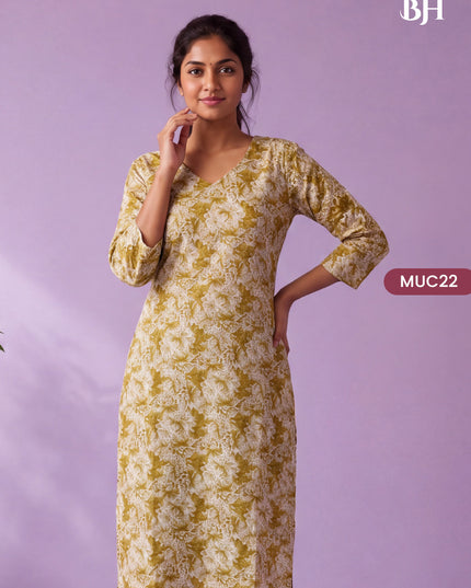 Olive Green & White Floral Printed Mul Cotton Top with Full-Length Cotton Lining | Women's Casual Wear