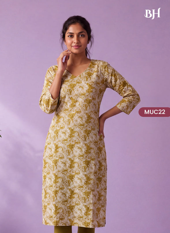 Olive Green & White Floral Printed Mul Cotton Top with Full-Length Cotton Lining | Women's Casual Wear