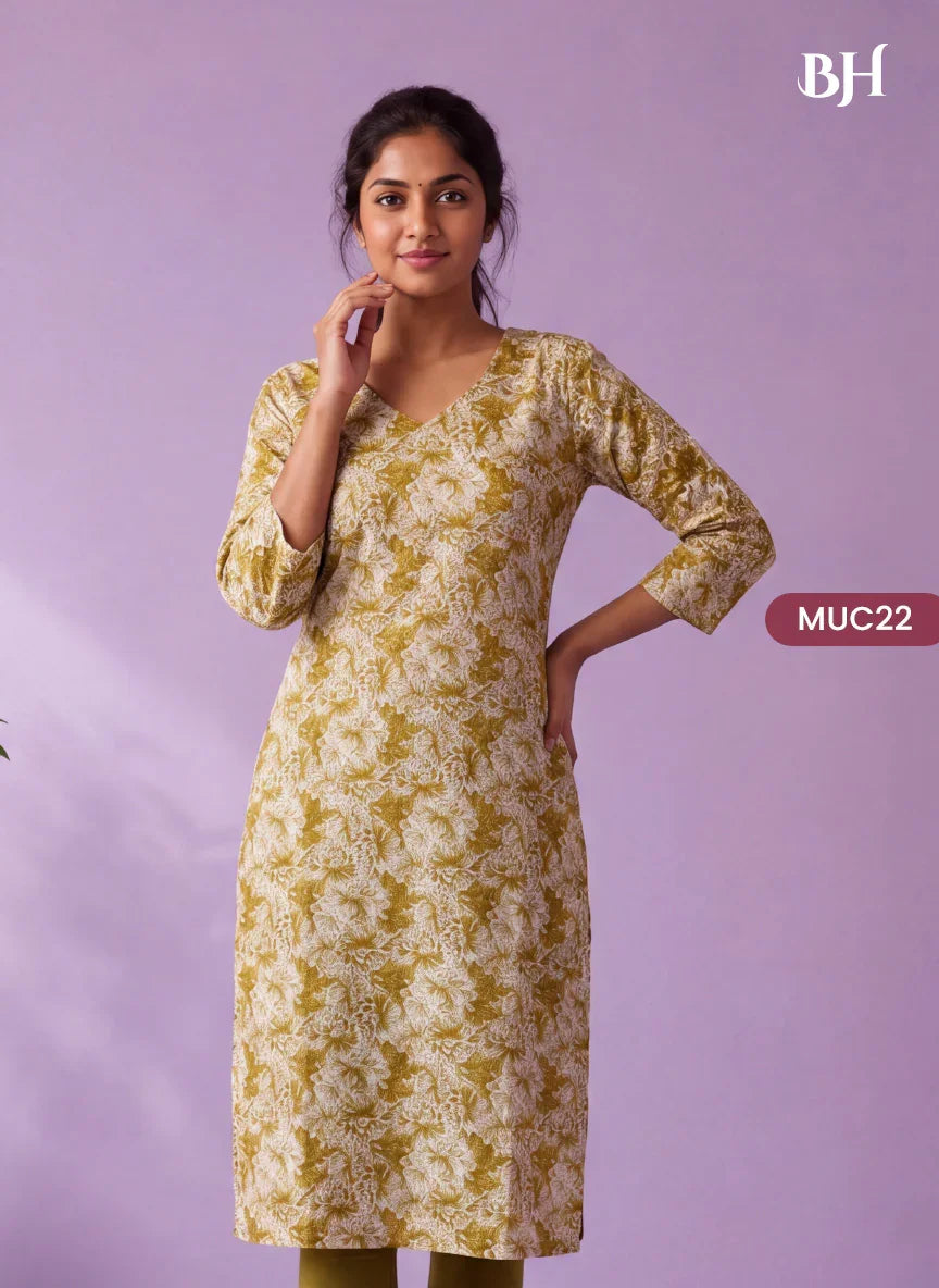 Olive Green & White Floral Printed Mul Cotton Top with Full-Length Cotton Lining | Women's Casual Wear