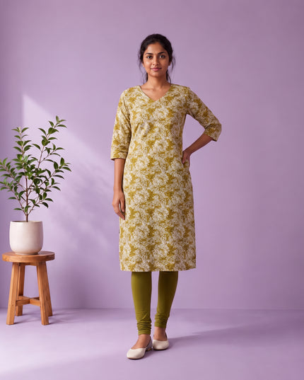 Olive Green & White Floral Printed Mul Cotton Top with Full-Length Cotton Lining | Women's Casual Wear