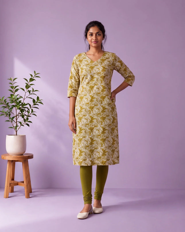 Olive Green & White Floral Printed Mul Cotton Top with Full-Length Cotton Lining | Women's Casual Wear