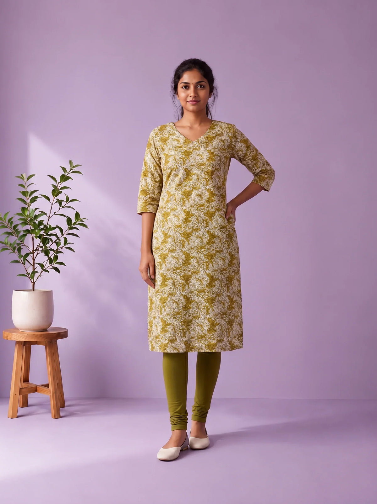 Olive Green & White Floral Printed Mul Cotton Top with Full-Length Cotton Lining | Women's Casual Wear