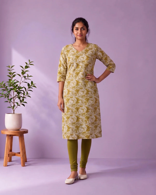 Olive Green & White Floral Printed Mul Cotton Top with Full-Length Cotton Lining | Women's Casual Wear