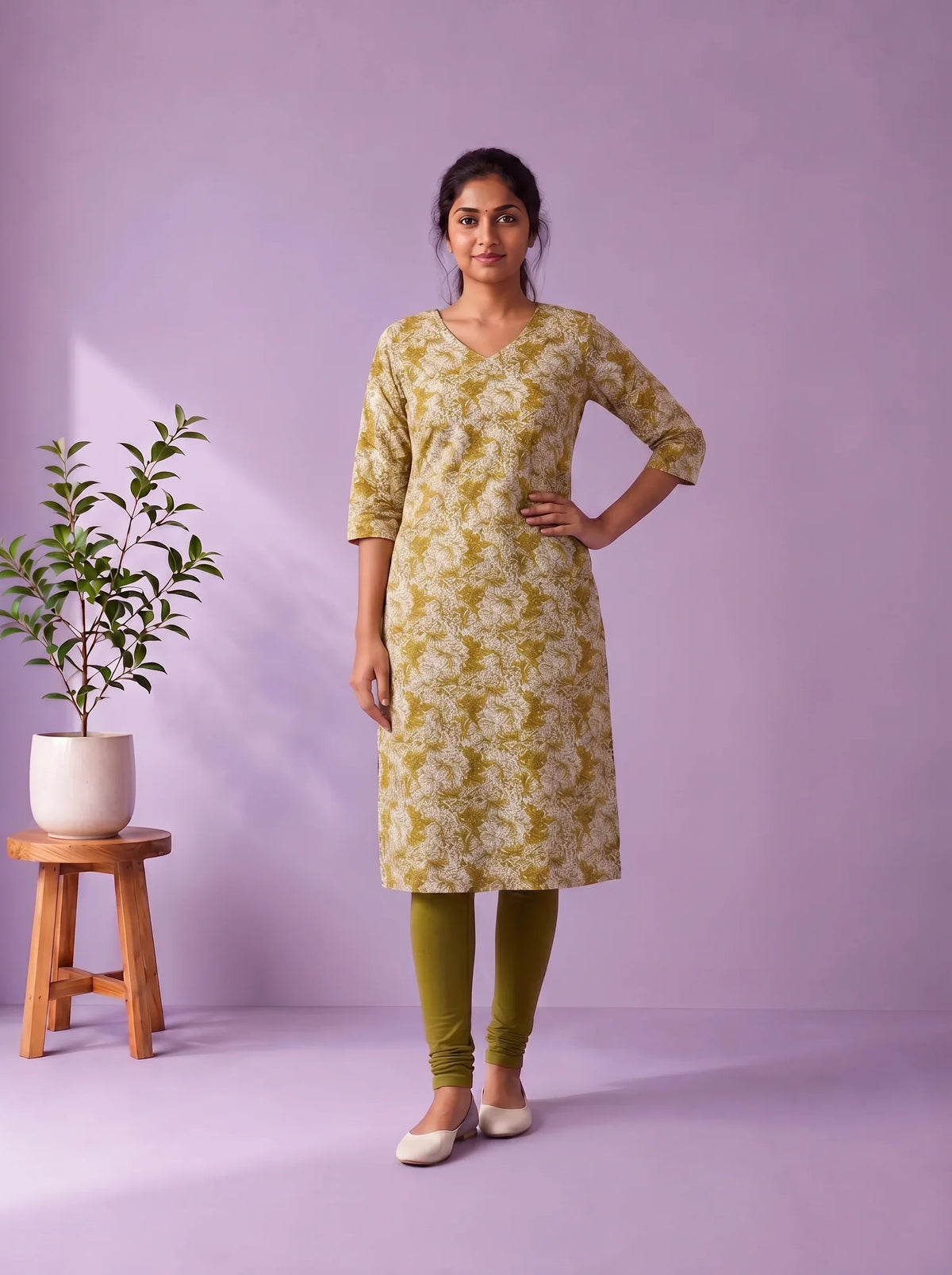 Olive Green & White Floral Printed Mul Cotton Top with Full-Length Cotton Lining | Women's Casual Wear