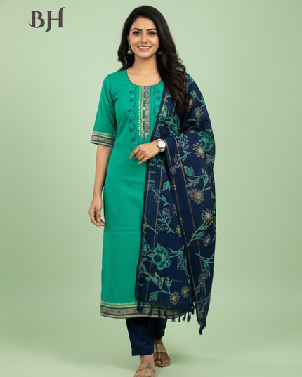Mangalagiri Cotton Kurti Set Mint Green – Straight Cut Style, Elbow Length Sleeves
