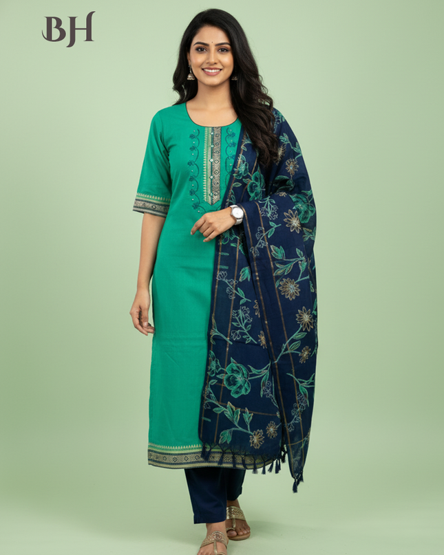 Mangalagiri Cotton Kurti Set Mint Green – Straight Cut Style, Elbow Length Sleeves