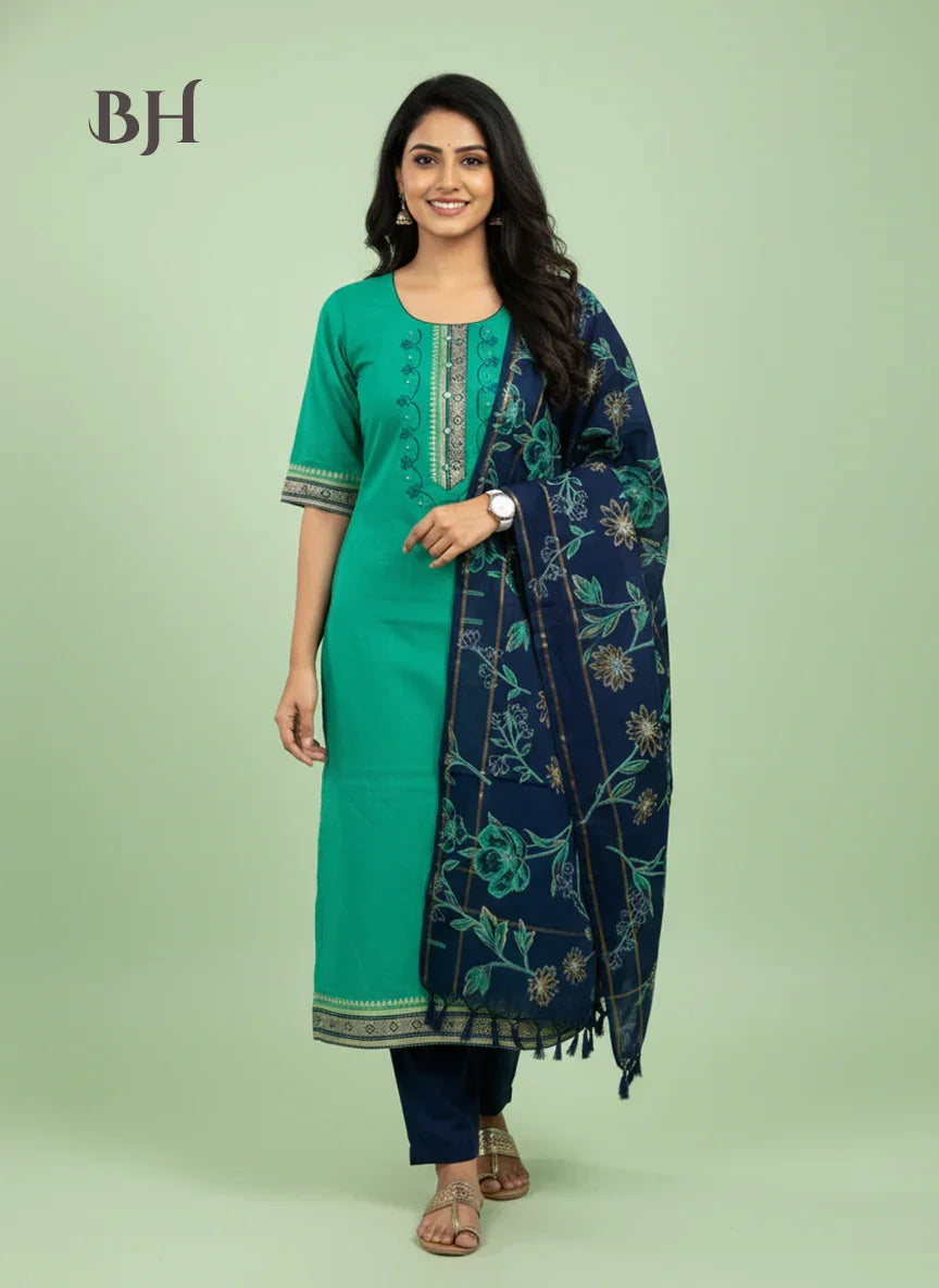 Mangalagiri Cotton Kurti Set Mint Green – Straight Cut Style, Elbow Length Sleeves