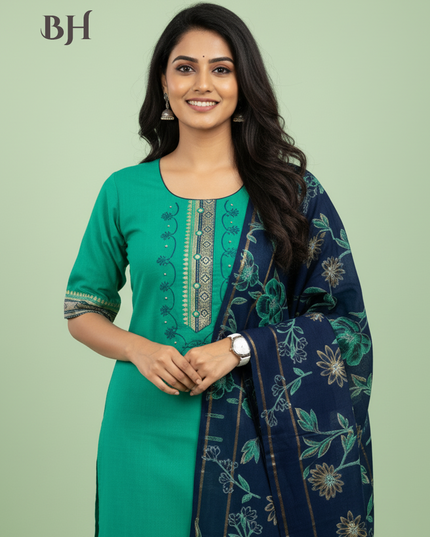 Mangalagiri Cotton Kurti Set Mint Green – Straight Cut Style, Elbow Length Sleeves
