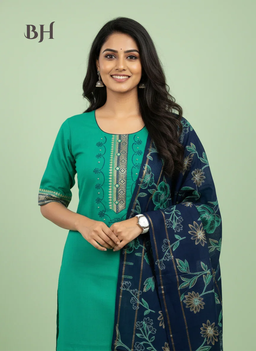 Mangalagiri Cotton Kurti Set Mint Green – Straight Cut Style, Elbow Length Sleeves