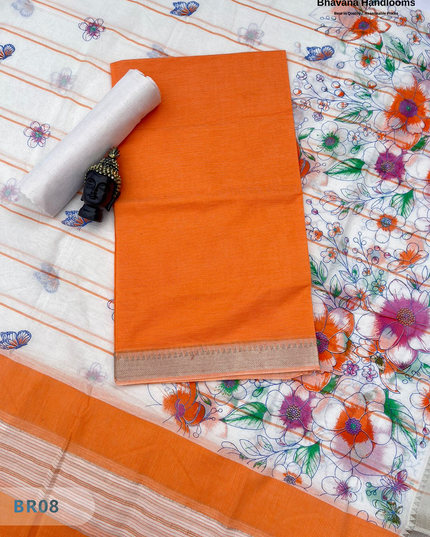 Mangalagiri Cotton Dress Material with White Chunni with Orange Colour