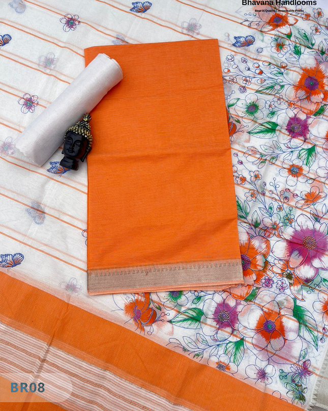 Mangalagiri Cotton Dress Material with White Chunni with Orange Colour