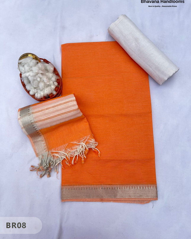 Mangalagiri Cotton Dress Material with White Chunni with Orange Colour