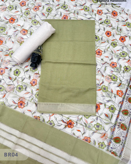 Mangalagiri Cotton Dress Material with White Chunni with Olive Green Colour