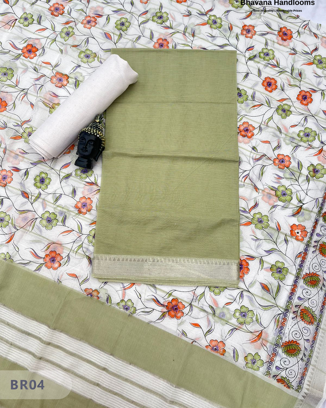 Mangalagiri Cotton Dress Material with White Chunni with Olive Green Colour