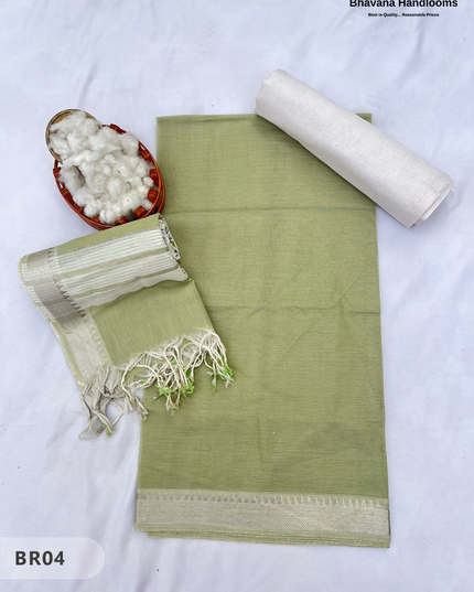 Mangalagiri Cotton Dress Material with White Chunni with Olive Green Colour