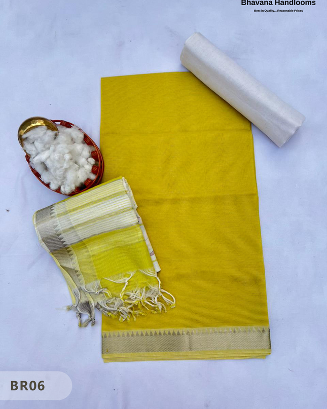 Mangalagiri Cotton Dress Material with White Chunni with  Lemon Yellow Colour