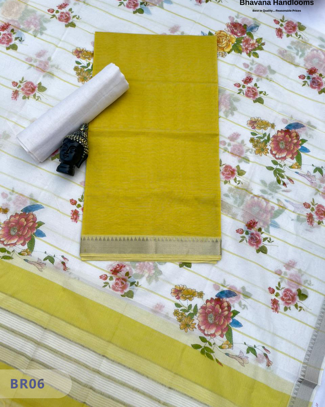Mangalagiri Cotton Dress Material with White Chunni with  Lemon Yellow Colour