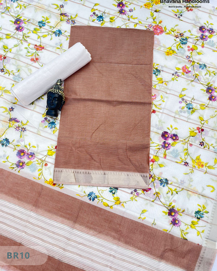 Mangalagiri Cotton Dress Material with White Chunni with  Brown Colour