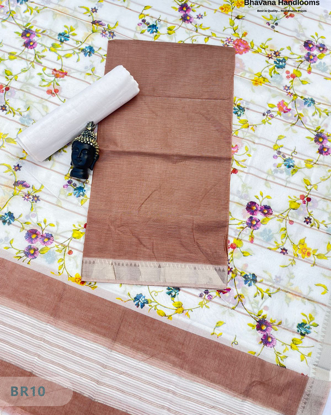 Mangalagiri Cotton Dress Material with White Chunni with  Brown Colour