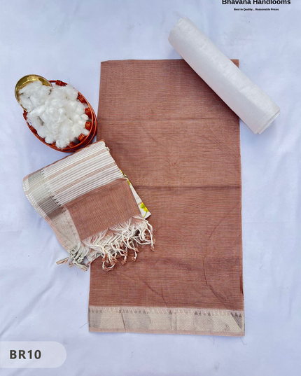 Mangalagiri Cotton Dress Material with White Chunni with  Brown Colour