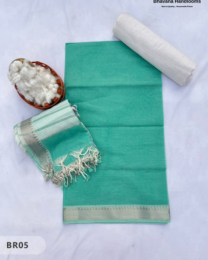 Mangalagiri Cotton Dress Material with White Chunni with Greenish Cyan Colour