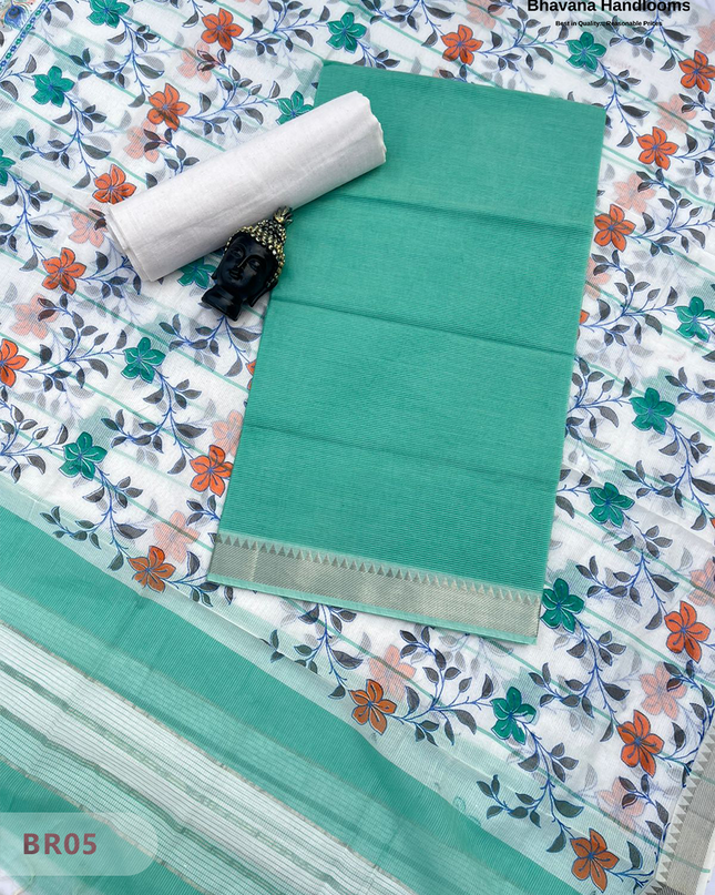 Mangalagiri Cotton Dress Material with White Chunni with Greenish Cyan Colour
