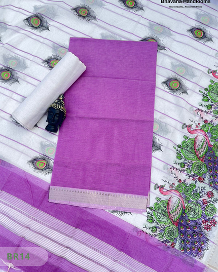 Mangalagiri Cotton Dress Material with White Chunni with Lavender Pink Colour