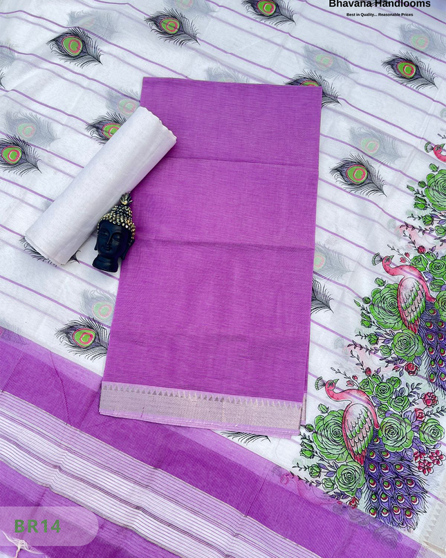 Mangalagiri Cotton Dress Material with White Chunni with Lavender Pink Colour