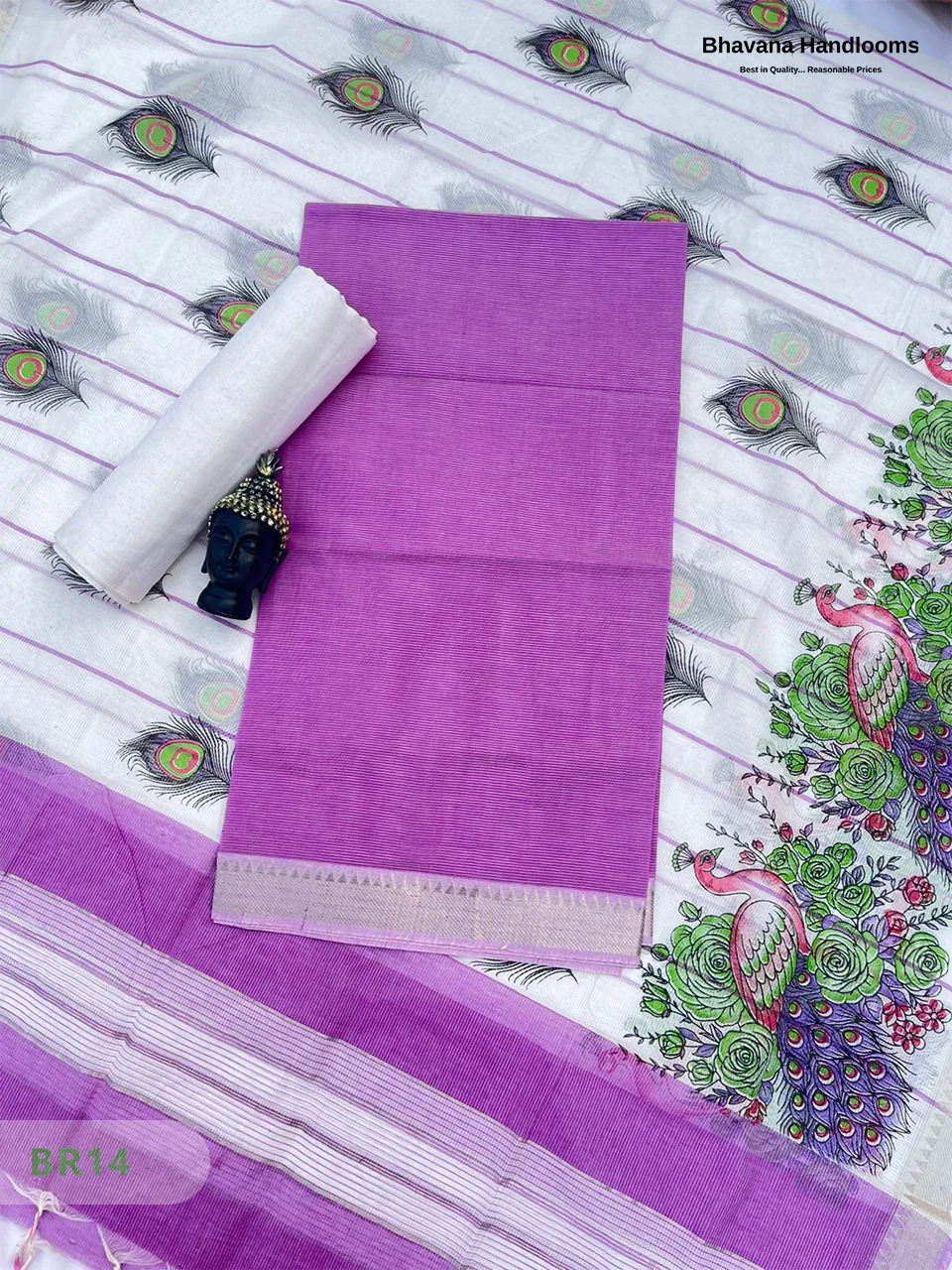 Mangalagiri Cotton Dress Material with White Chunni with Lavender Pink Colour
