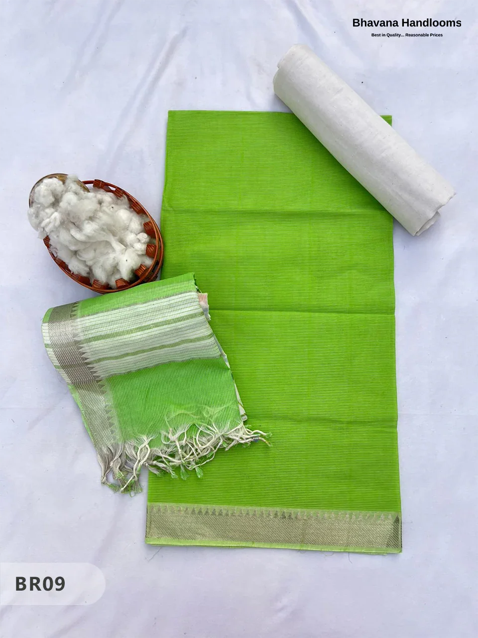 Mangalagiri Cotton Dress Material with White Chunni with Light Green Colour