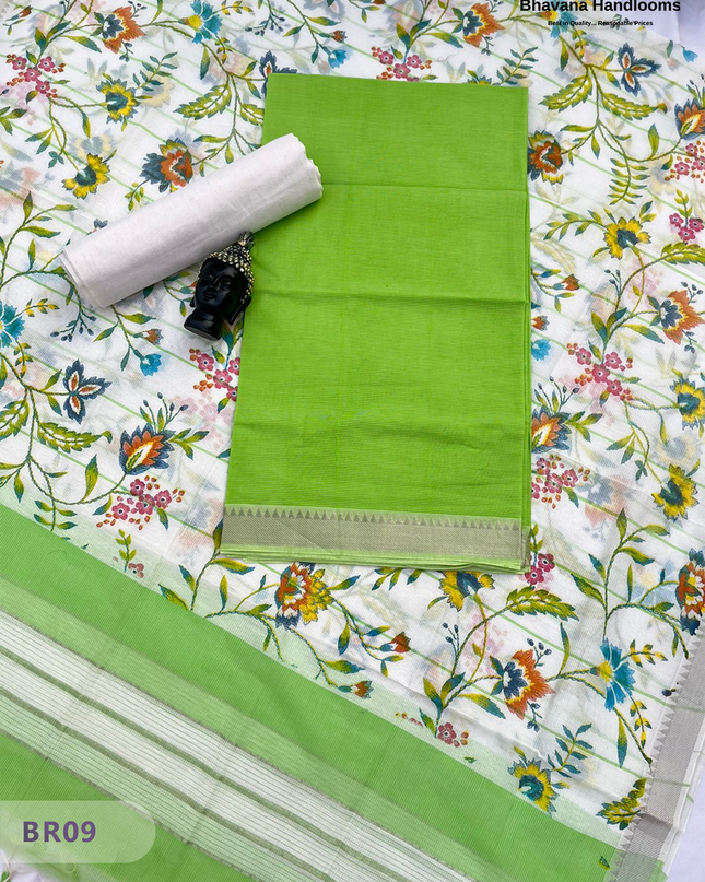 Mangalagiri Cotton Dress Material with White Chunni with Light Green Colour