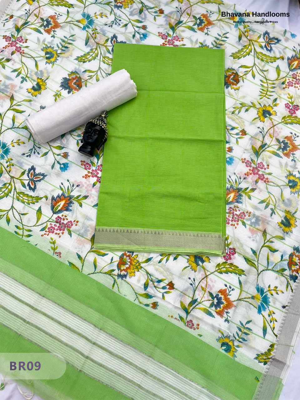 Mangalagiri Cotton Dress Material with White Chunni with Light Green Colour