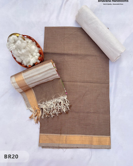Mangalagiri Cotton Dress Material with White Chunni with Brown Colour